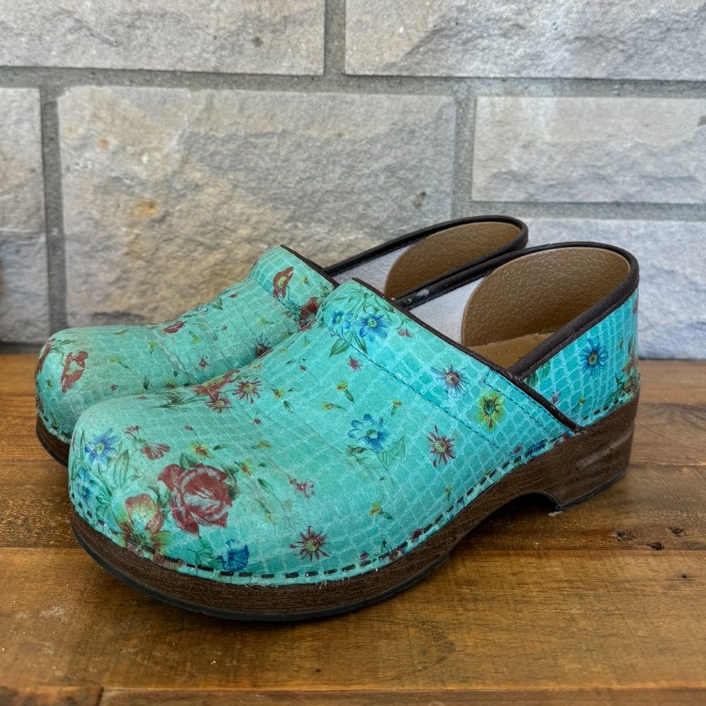 Dansko Turquoise Croc Embossed Floral Clogs size 42